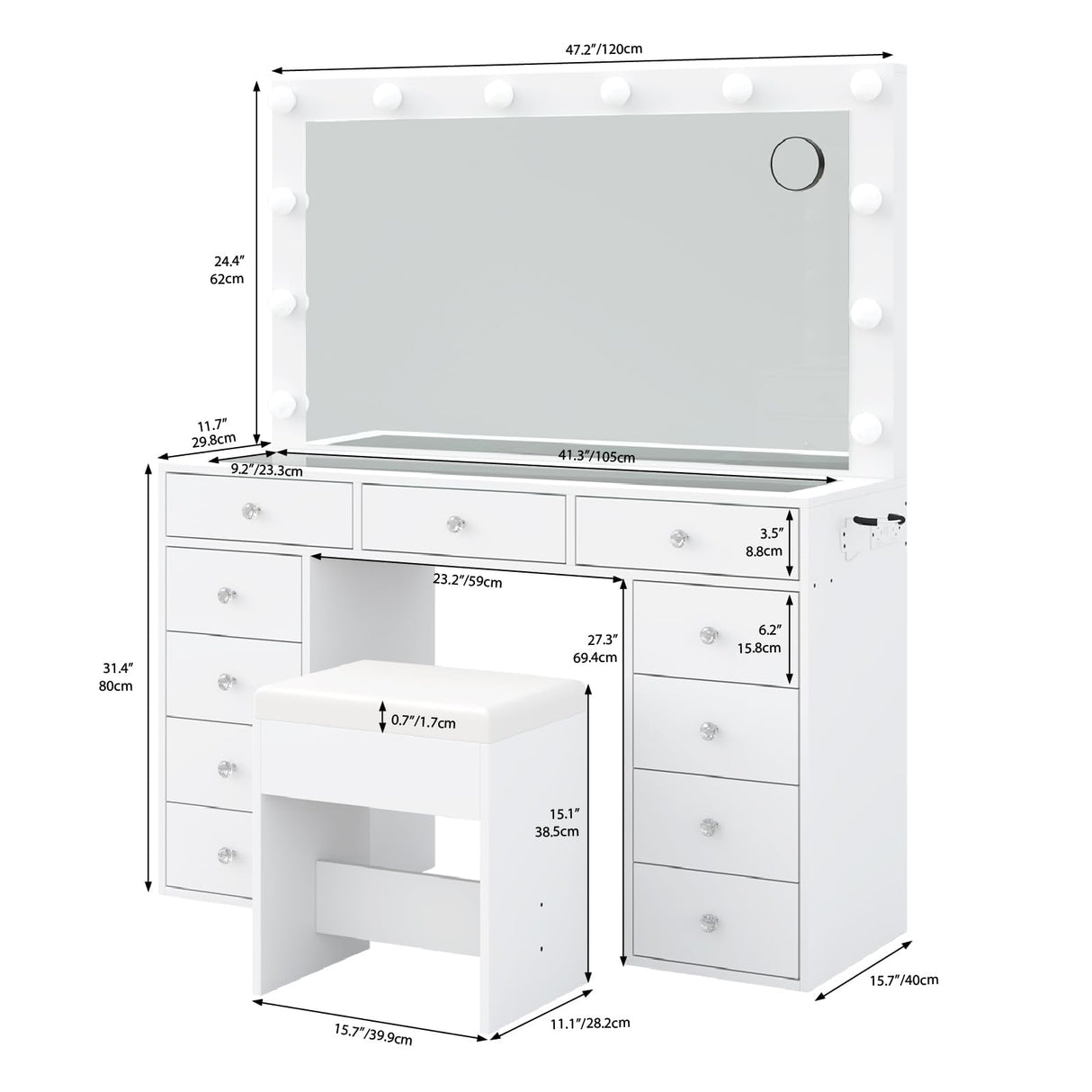 Yanosaku Vanity desk & Power Outl, Makeup Vanity with Mirror and 12 LED Lights, Makeup Table with 11 Drawers, Vanity Table with Chair,Vanity Set 3 Lighting Modes Brightness Adjustable-(White) Yanosaku