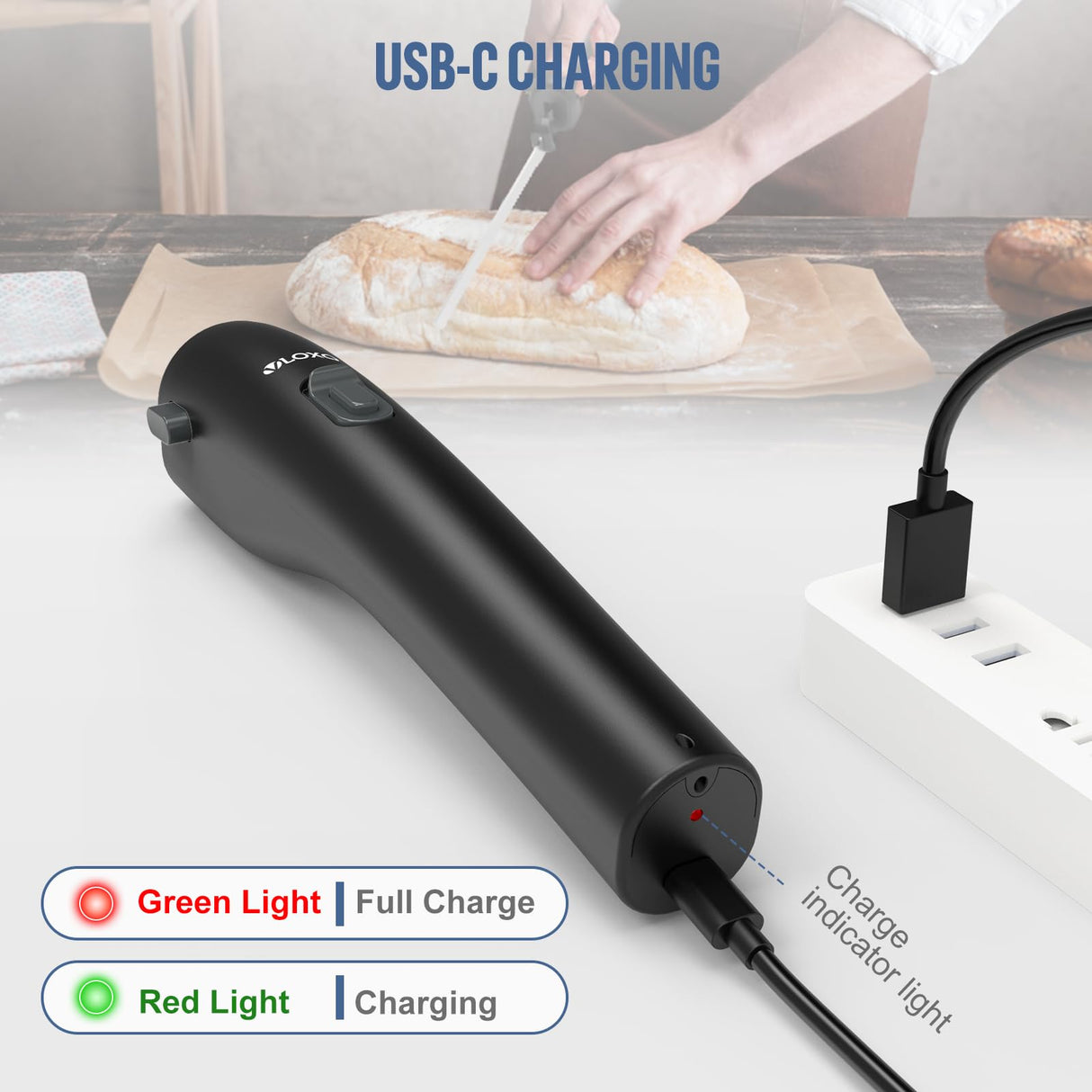 VLOXO Cordless Electric Knife, Electric Knives Rechargeable Bread Knife with Safety Lock Ergonomic Handle Electric Meat Knife for Carving Meat Bread Steak Fish Fillet Cheese Include 2 Blades VLOXO