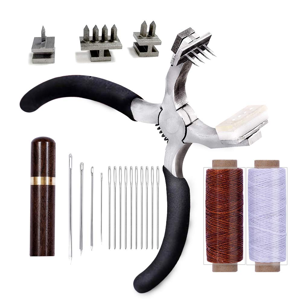 Stitching Hole Punch BUTUZE, 4mm Silent Rhombus Leather Hand Pliers with Leather Needle, Wooden Needle Case, Waxed Thread for Belts, Straps, Saddles, Shoes, Fabric DIY BUTUZE