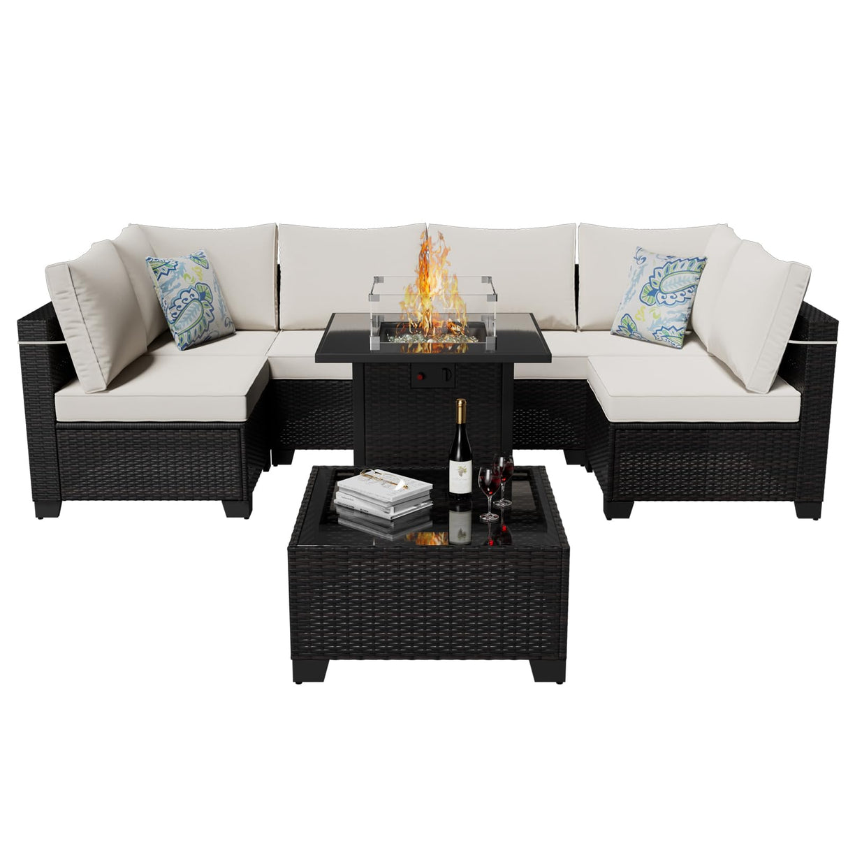 Peacabo Patio Furniture Set with Fire Pit Table, 8-Piece Outdoor Furniture Sofa Set with Thick Cushions, Wicker Sectional Sofa for Porch Garden Backyard, Brown/Beige Peacabo