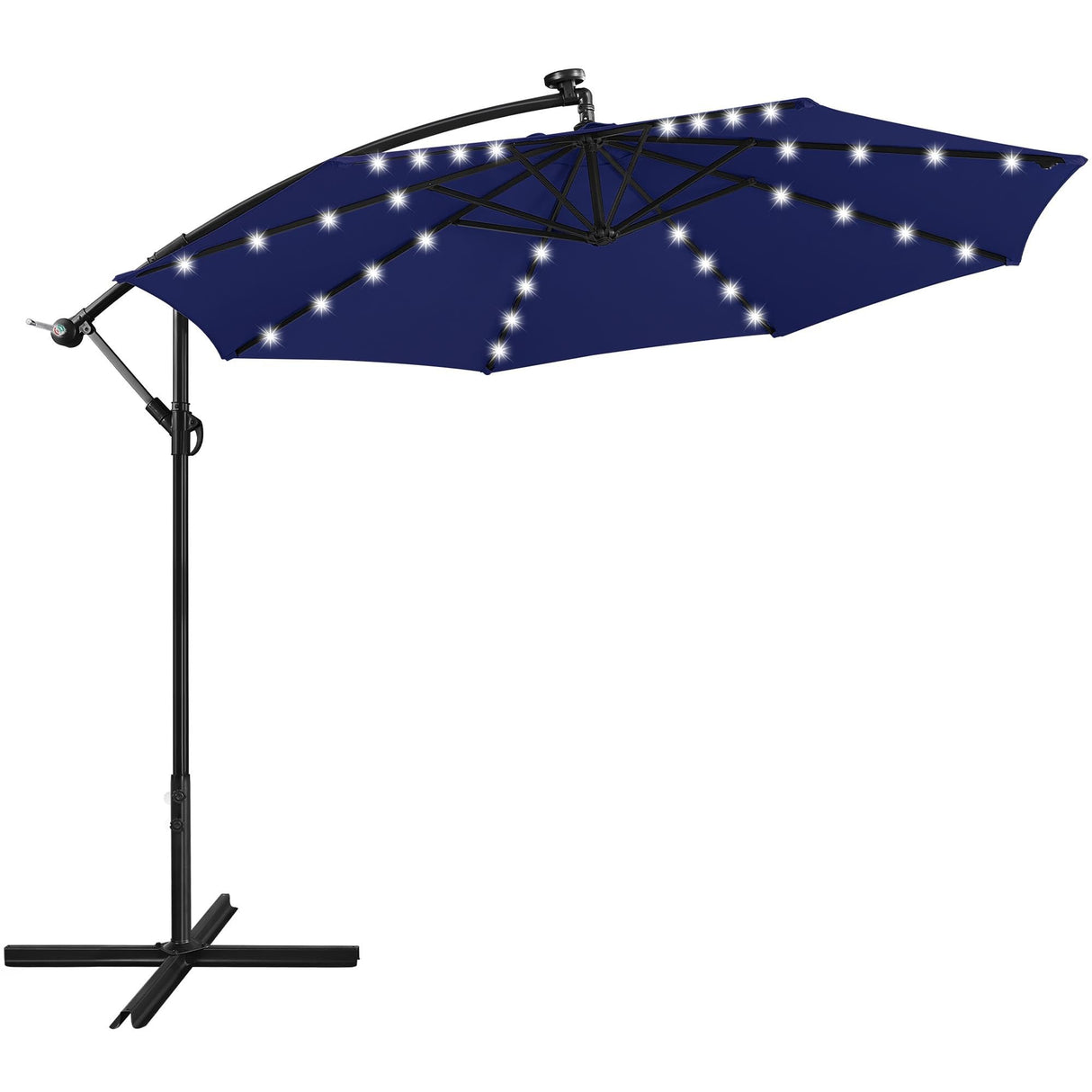 Yaheetech 10FT Solar Offset Umbrella with 32 LED Lights Cantilever Hanging Outdoor Umbrellas Handy Crank & Cross Base for Lawn/Deck/Backyard/Pool Navy Blue Yaheetech