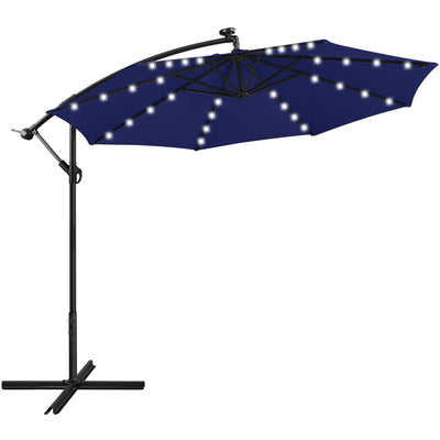 Yaheetech 10FT Solar Offset Umbrella with 32 LED Lights Cantilever Hanging Outdoor Umbrellas Handy Crank & Cross Base for Lawn/Deck/Backyard/Pool Navy Blue