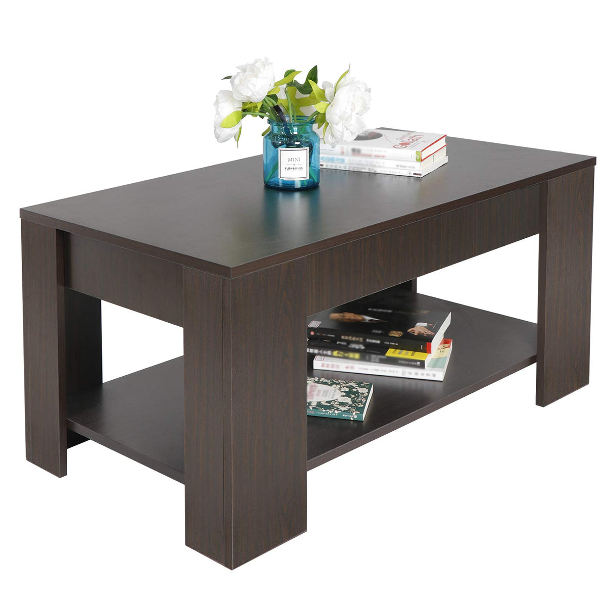 SUPER DEAL Modern Lift Top Coffee Table w/Hidden Compartment and Storage Shelves Pop-Up Storage Cocktail Table for Living Room Reception Room SUPER DEAL