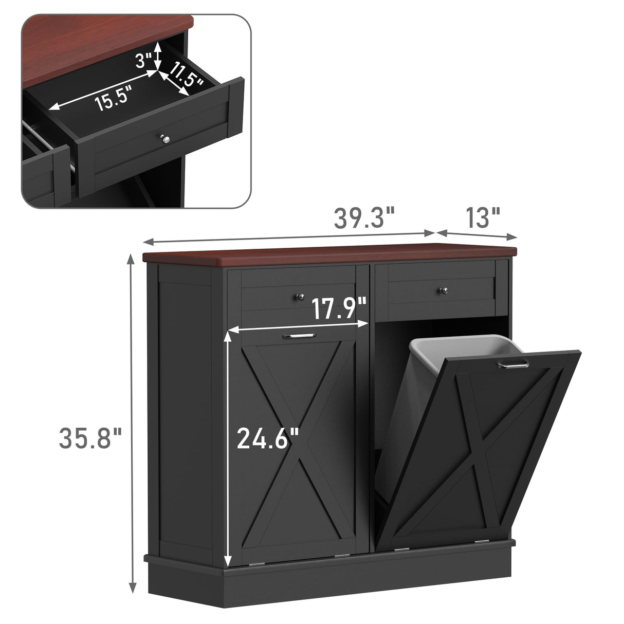 Betterhood Double Tilt Out Trash Cabinet 20 Gallon Wooden Free Standing Laundry Sorter Cabinet,Recycling Cabinet with Hideaway Drawer,Tilt Out Trash Cabinet Can Bin Kitchen (Black) Betterhood