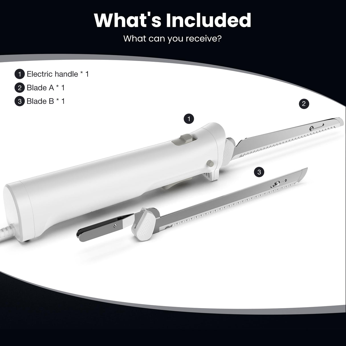 DUSSAL Electric Knife, Electric Carving Knife, 4 Stainless Steel Blades, Safety Lock Switch, Blade Release Buttons, On/Off button, Carving Meats, Poultry, Bread, Cheese & More (White) D DUSSAL