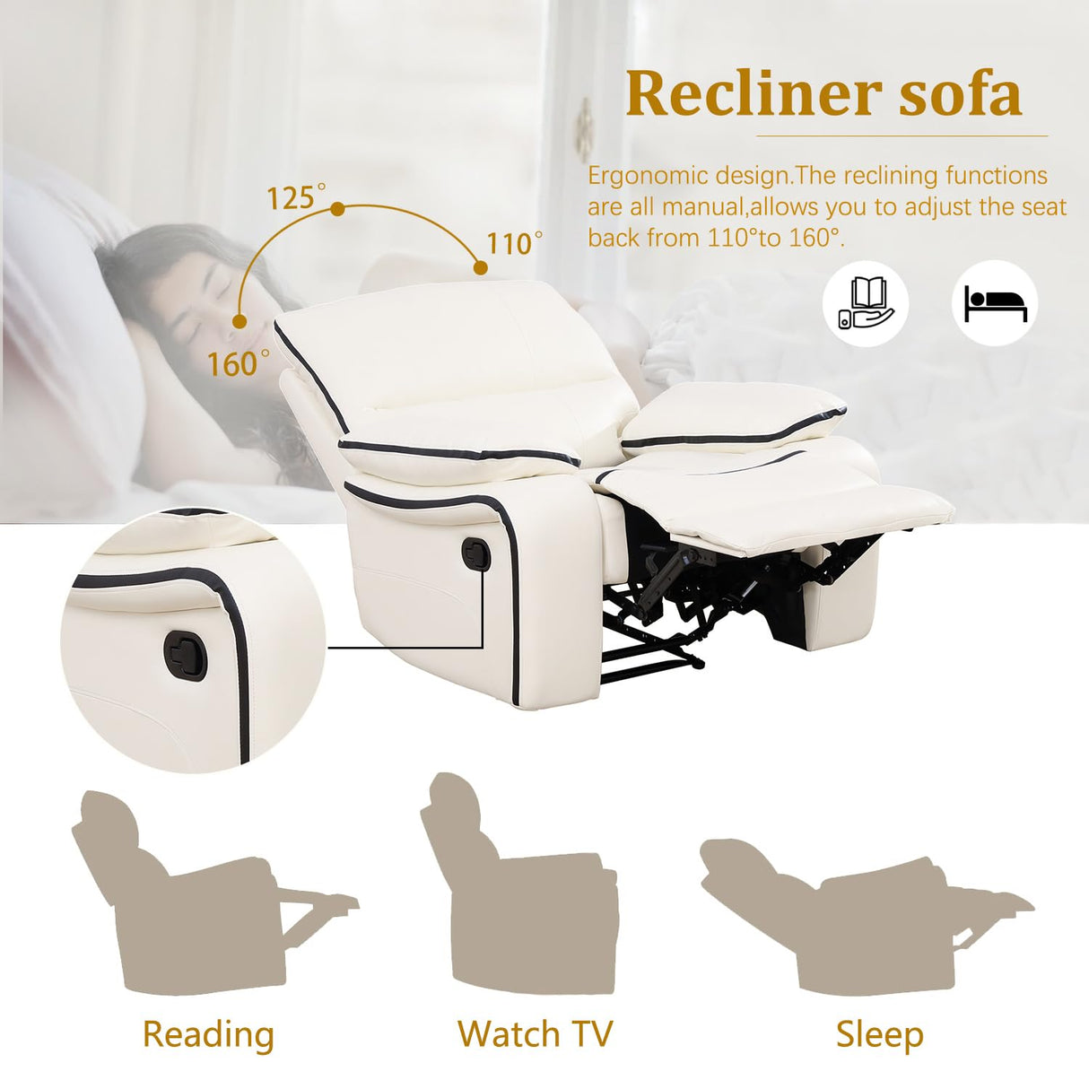 Ocstta Leather Recliner Sofa Set, Leather Couch Set for Living Room, Living Room Furniture Set with Storage Console & Cup Holder for Living Room/Office (Recliner Couch Set) Creamy White Ocstta