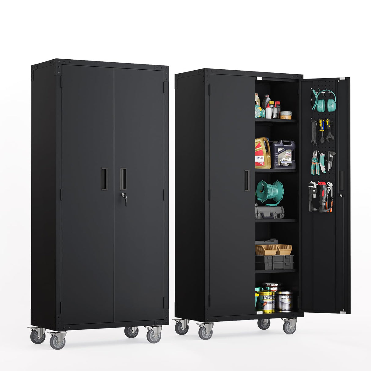 VINGLI 72'' Tall Garage Storage Cabinet, Metal Storage Cabinet with Pegboards, Wheels, Locking Doors and Adjustable Shelves (Black, 32''W x 16''D x 72''H) VINGLI