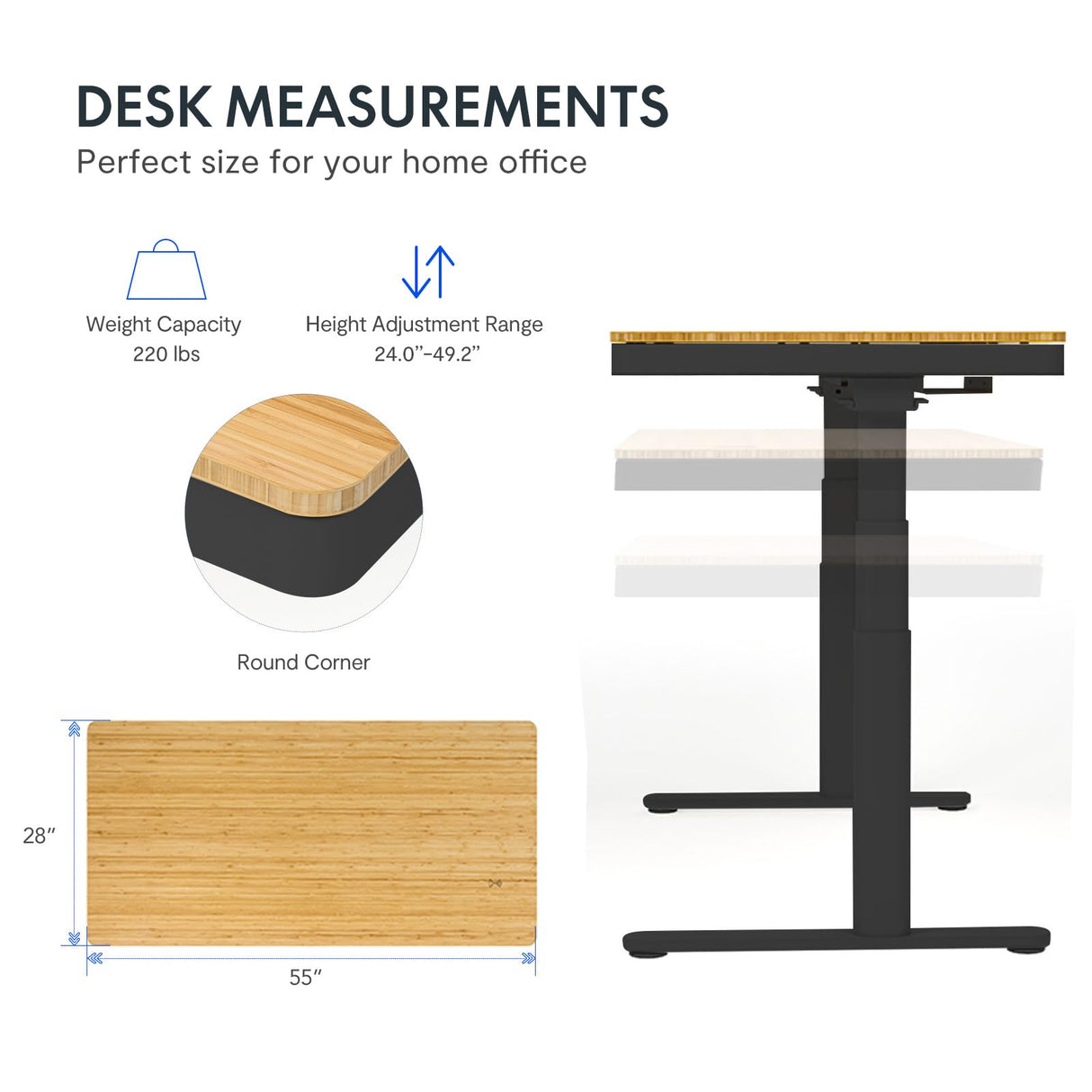 SANODESK Standing Desk with Drawer,Dual Motor 3 Stage Electric Height Adjustable Home Office Desk with Storage & Wireless Charging, 55 inch Bamboo Tabletop/Black Frame SANODESK