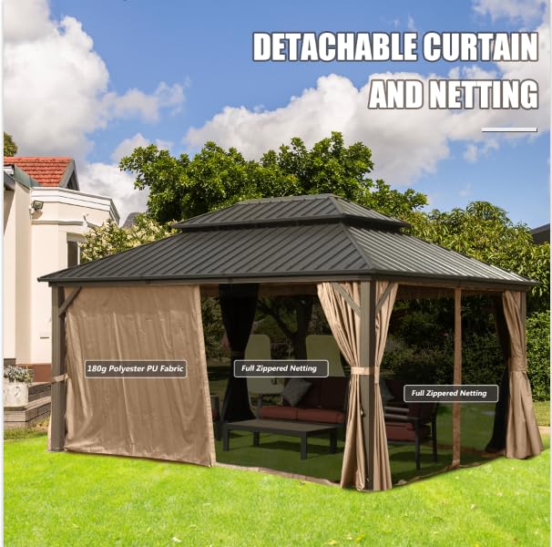Domi 12'x16' Hardtop Gazebo Canopy Metal,Outdoor Aluminum Gazebo with Galvanized Steel Double Roof,Curtain and Netting,Permanent Gazebo Pavilion for Patio Deck,Backyard domi outdoor living