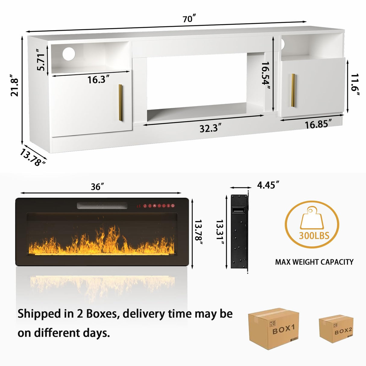 TV Stand with Fireplace - 70 Inch Modern Electric Entertainment Center, 36" LED Fireplace for Living Room, White, Up to 80" TVs VENDORZ