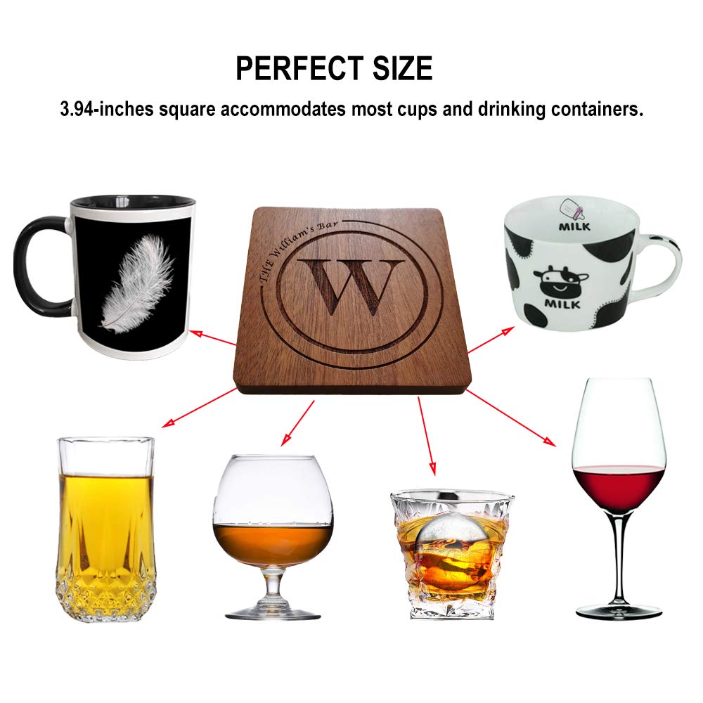 Personalized Coasters, Custom Engraved Wood Coasters for Drinks, Monogram Coasters with Holder, Wedding Gifts, Parents Gifts (W, Set of 4) MOJIA