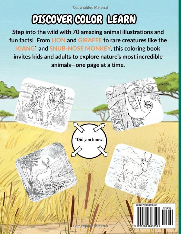 WILD ANIMAL COLORING BOOK AND FUN FACTS: Educational and Relaxing Coloring Book with Savanna Animal Wildlife Facts for Kids, Teens and adults (COLOR AND LEARN FUN FACTS) Majosta