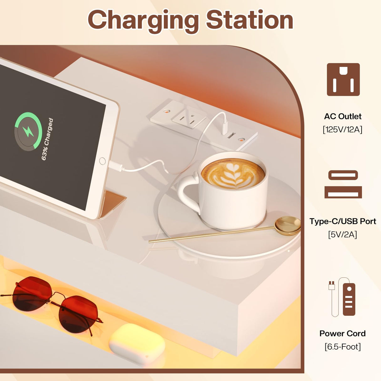 LUXOAK 3 Pieces Living Room Table Set, Modern High Gloss Coffee Table Set with LED Light and Storage Space, 2 End Side Tables with Charging Station for Living Room, Office, White LUXOAK