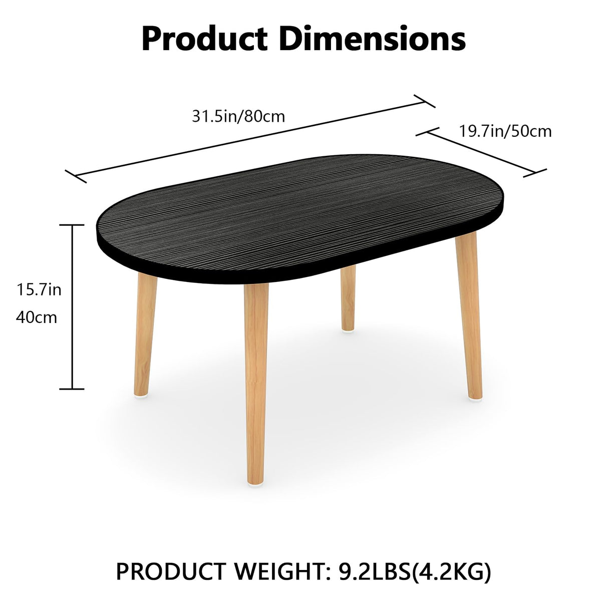 Funecy Oval Coffee Table Low Table with 4 Solid Wood Sturdy Legs, Floor Table Desk for Sitting on The Floor, Storage and Living Room Furniture (Black) Funecy