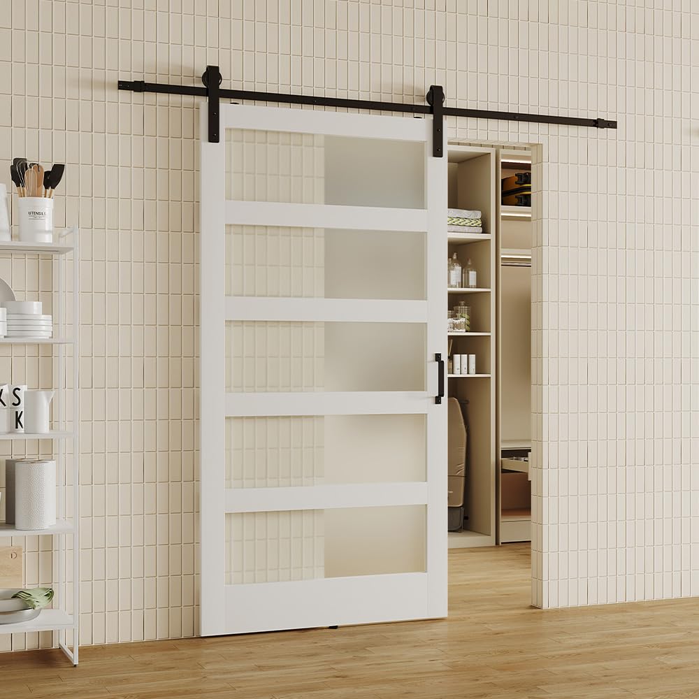 Lakenyon 42in x 84in Glass Barn Door with 6.98 Ft Sliding Door Hardware Kit, Handle, 5-Panel Frosted Glass, Solid Wood & MDF White-Primed Barn Door Panel, Pre-Drilled, Easy to Assemble Lakenyon
