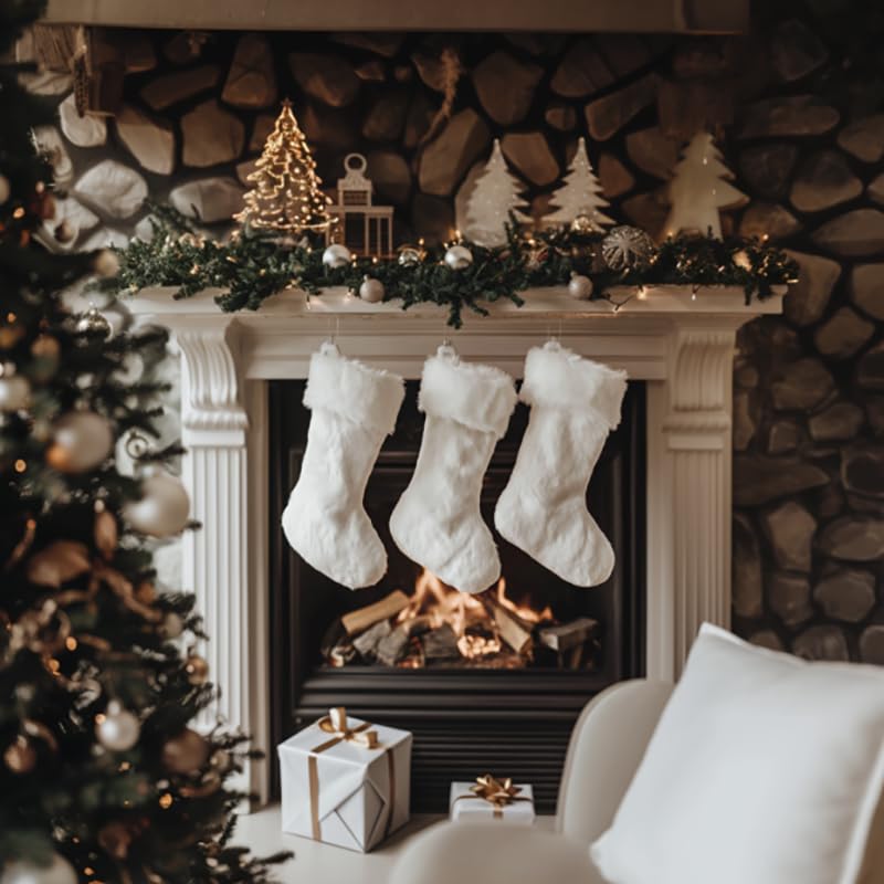AOGU 3 Pack 18 Inch Snowy White Christmas Stockings Faux Fur Xmas Christmas Stockings Hanging Ornaments Candy Gift Bags for Christmas Decorations AOGU