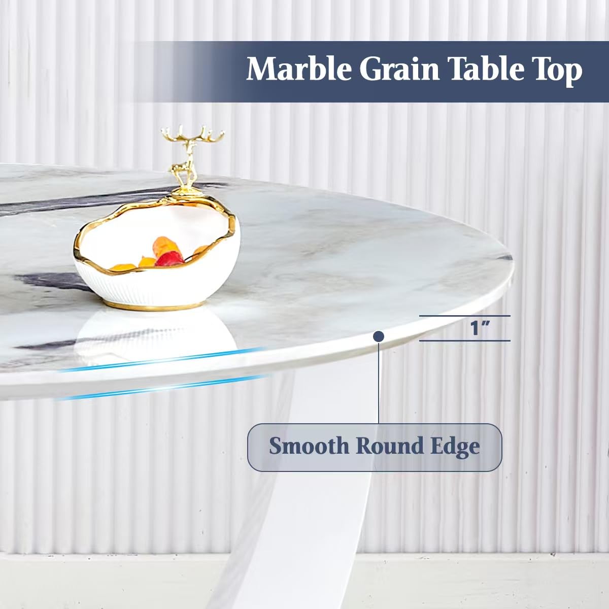 TesNus Round Dining Table Set for 4 with Chairs,Marble Top Pedestal Table and White Faux Leather Chairs, Modern Circular Kitchen Dining Table Set for Apartment, Modern Home,New House for 4 People TesNus