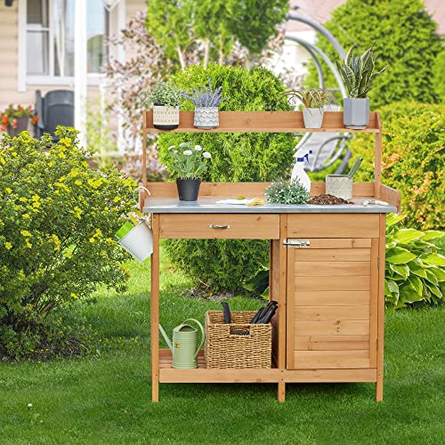 Yaheetech Outdoor Garden Potting Bench Table Work Bench Metal Tabletop W/Cabinet Drawer Open Shelf Natural Wood Yaheetech