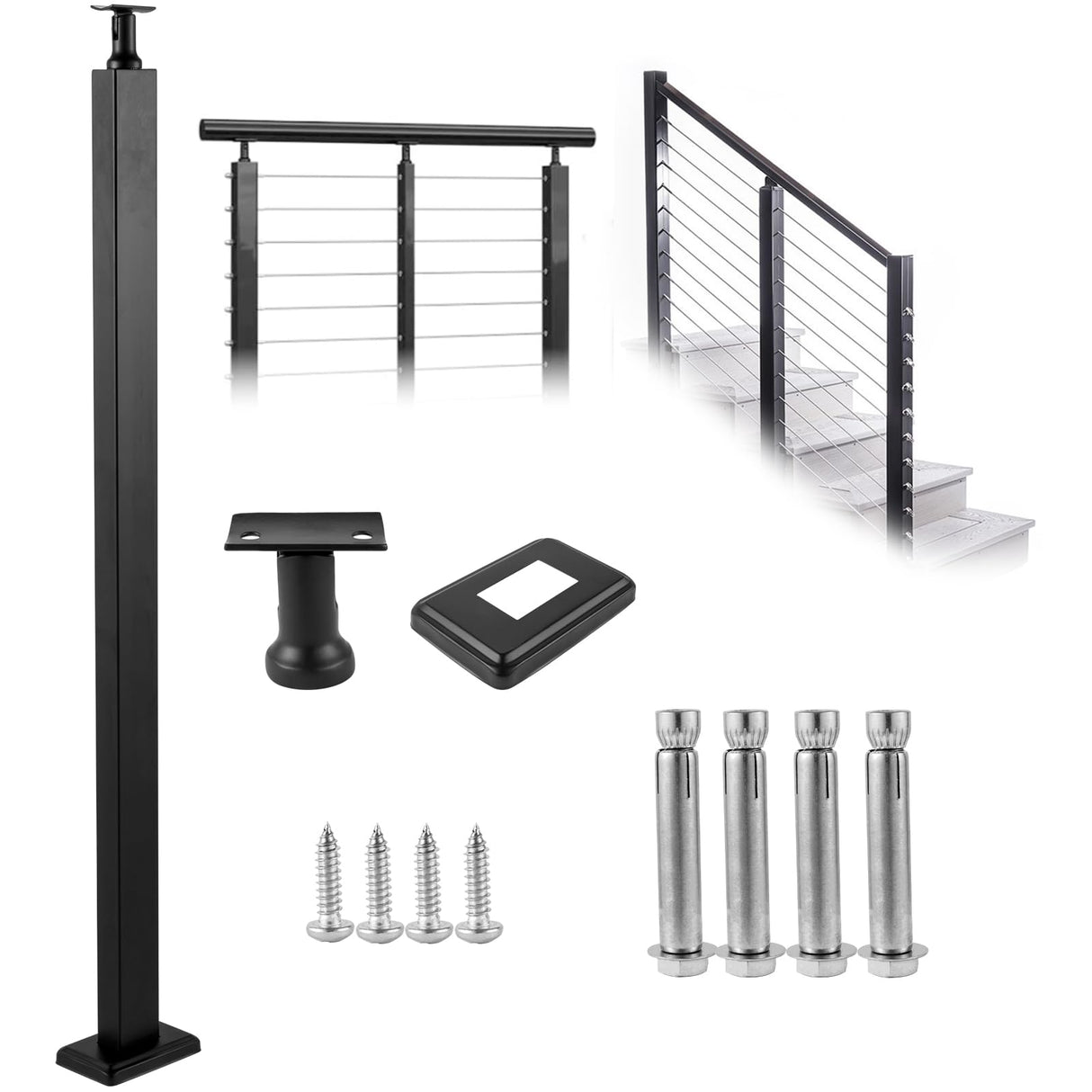 VEVOR Cable Rail Post, 42 x 1.97 x 1.97, Level Deck Stair Post, Cable Handrail Post Stainless Steel Brushed Finishing Deck Railing DIY Picket Without Hole Stair Railing Kit with Mount Bracket Black VEVOR