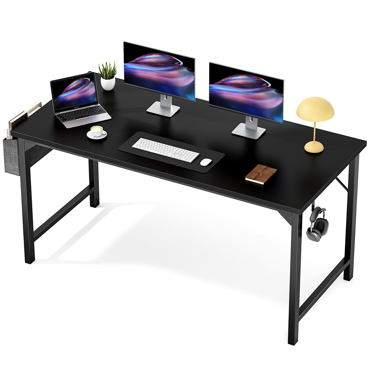 Sweetcrispy Computer Office Desk 55 Inch Student Kids Study Writing Work with Headphone Hooks & Storage Bag Modern Simple PC Home Bedroom Table - Black Sweetcrispy