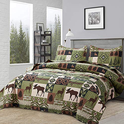 Quilts Set King Size Rustic Quilt Bedspread Coverlet King Quilt Bedding Country Lodge Patchwork Quilt Home Lightweight Reversible Bedspread Rustic Bear Bedding Cabin Moose Forest Animal Coverlet Olive ARL HOME
