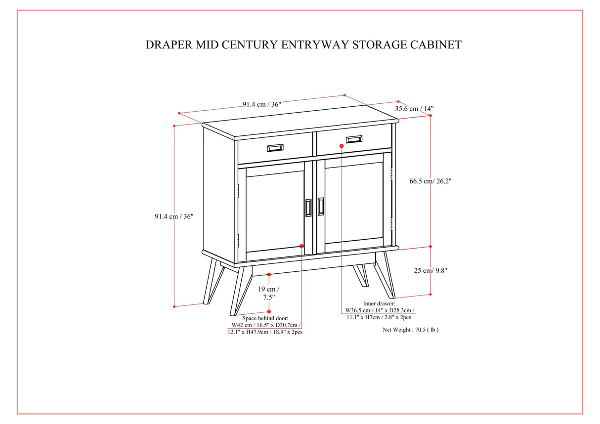 SIMPLIHOME Draper Solid Hardwood Wide Mid Century Modern Storage Cabinet for The Living, Entryway and Family Room, 36 inch, Teak Brown SIMPLIHOME