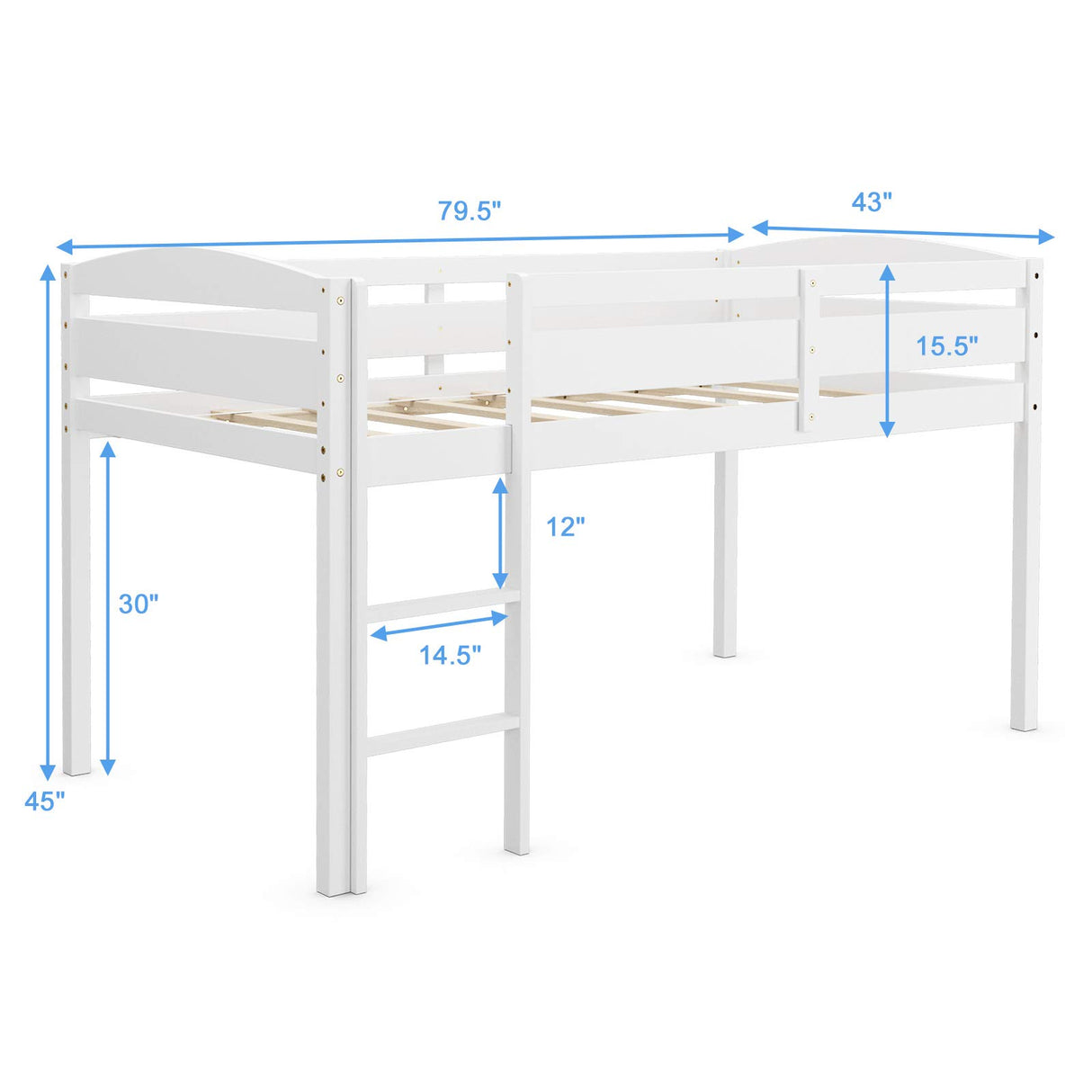 Costzon Twin Loft Bed, Solid Wood Low Loft Bed w/Guard Rail and Ladder, Boys & Girls Twin Bed for Kids Room, No Box Spring Needed, Classic Children Low Loft Bed with Storage for Bedroom, White Costzon