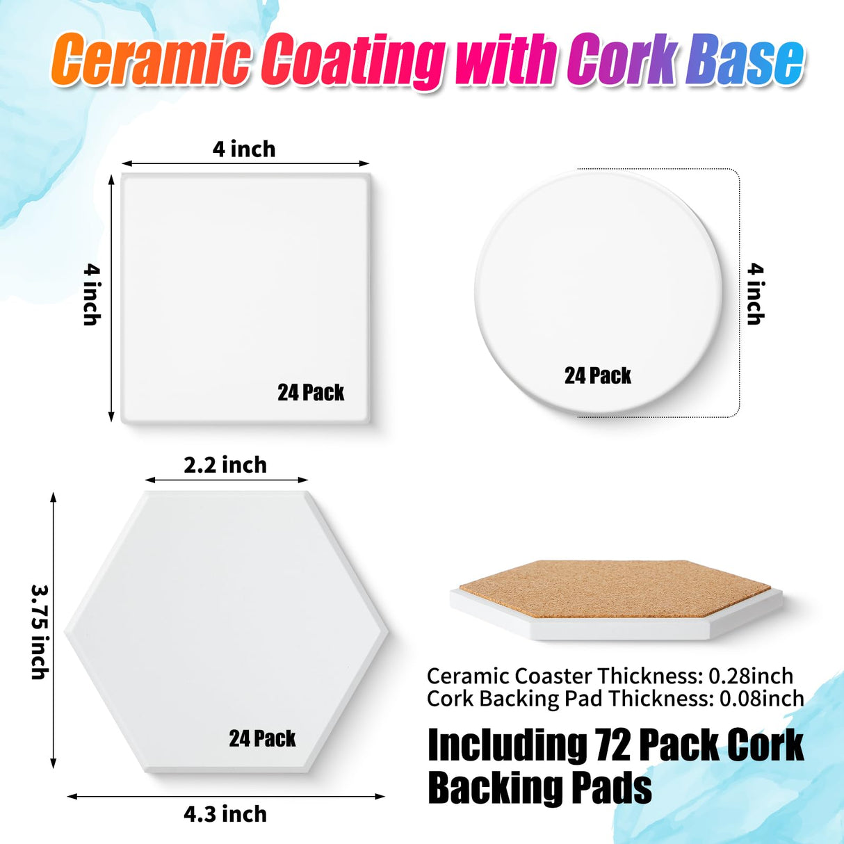 Tioncy 72 Pieces Square Hexagon Round Sublimation Coasters Blanks White Glazed Ceramic Coasters with Cork Backing Pads Heat Transfer for DIY Crafts Painting Home Tioncy