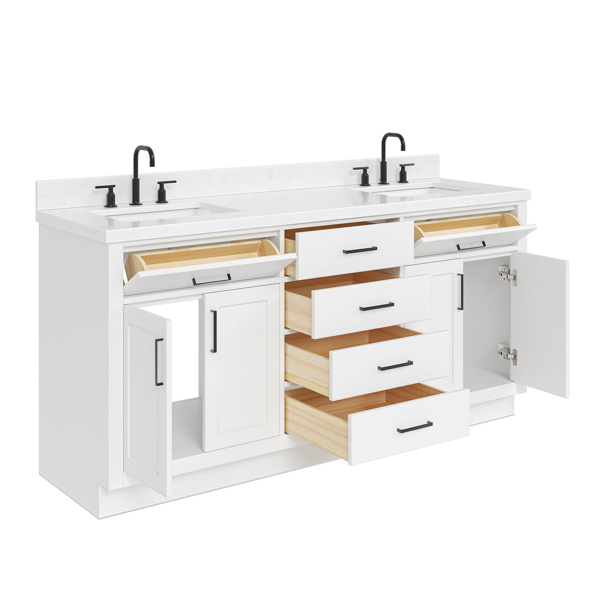 ARIEL Hepburn 72" White Double Vanity, 1.5" Edge Carrara Quartz Countertop & Splash, Rectangular Sinks, 4 Soft Closing Doors, 6 Full Extension Dovetail Drawers, Toe Kick, Matte Black ARIEL