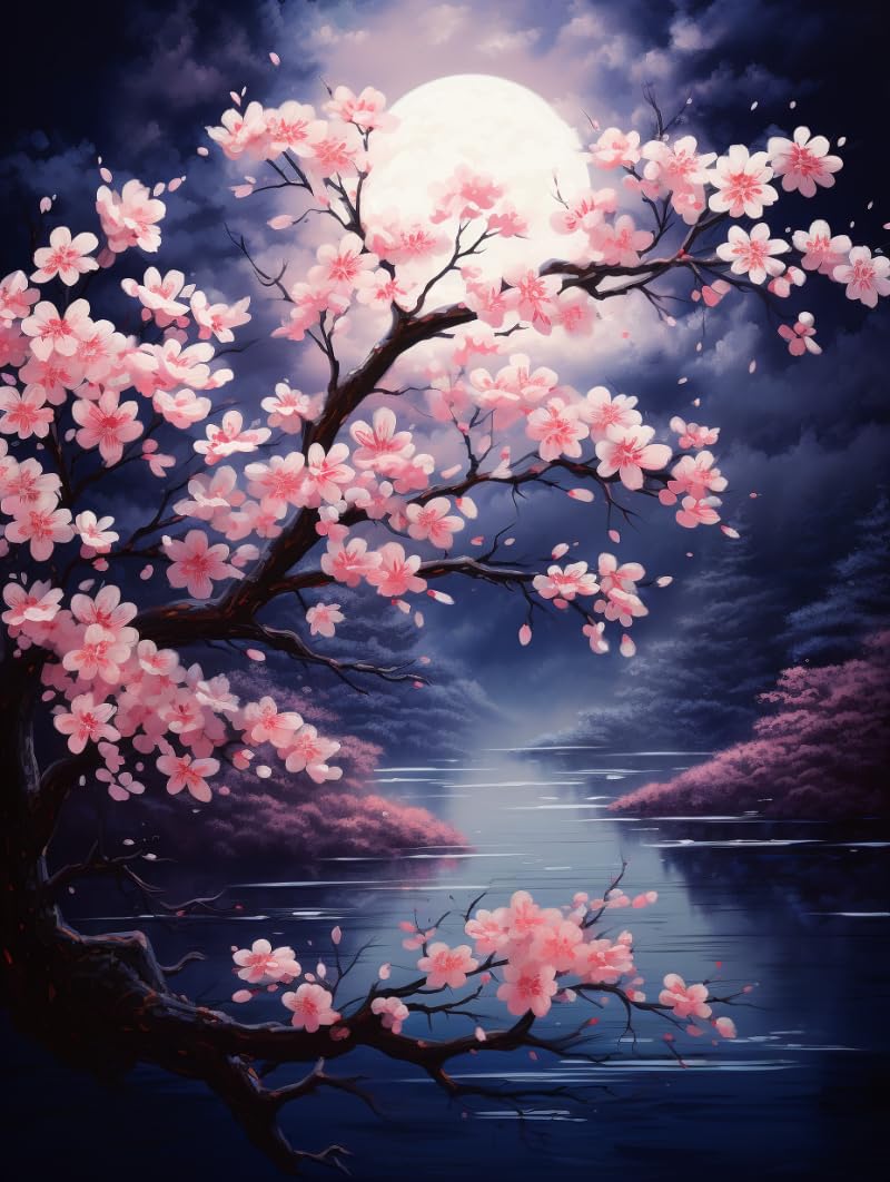 5D Diamond Art Painting Kits by Number for Adults Moon Night & Cherry Blossom Diamond Art Full Round Drill Crystal Rhinestone Embroidery Cross Stitch Craft Kits for Home Wall Decor Kits 30x40cm Generic