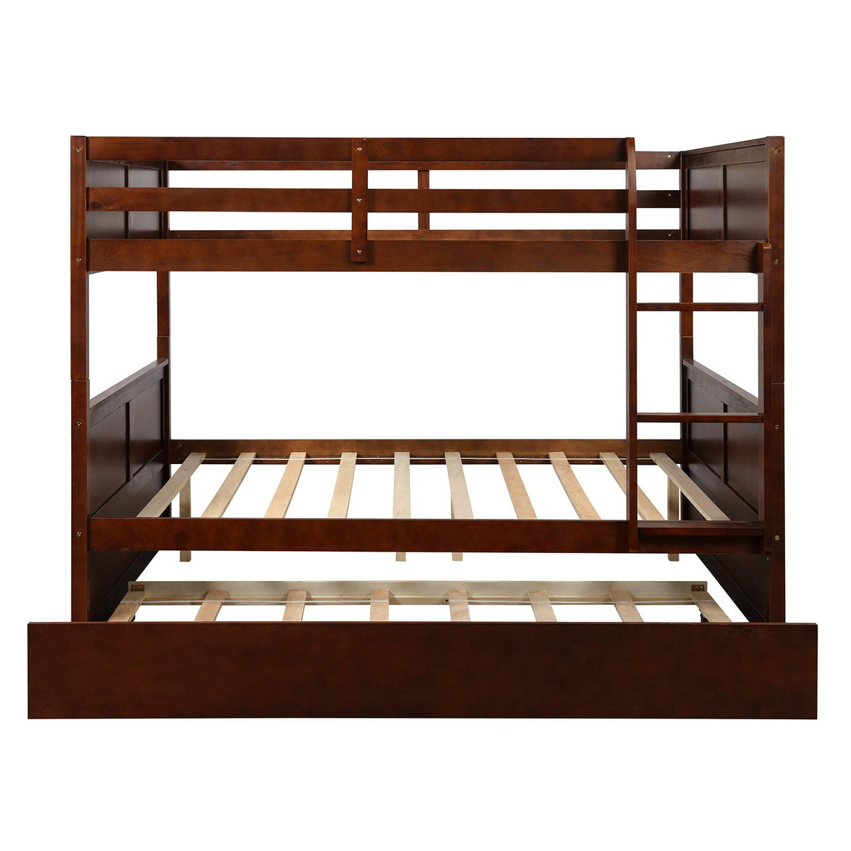 MERITLINE Walnut Full Over Full Bunk Bed with Twin Trundle for Kids and Teens MERITLINE