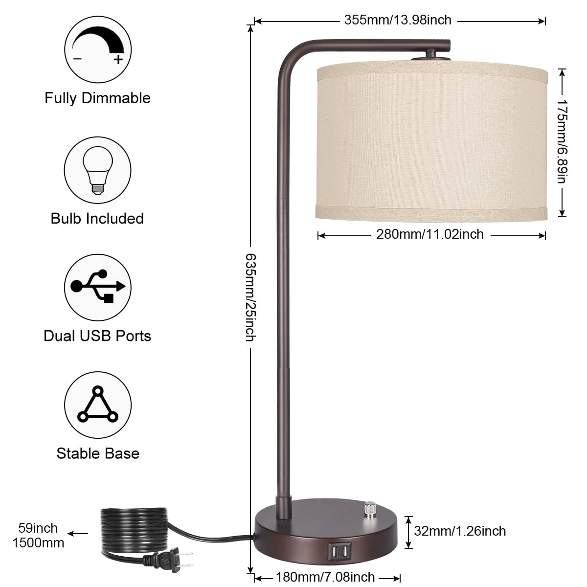 Side Table Lamp with Dual USB Ports, Dimmable Bedside Lamp Modern Nightstand Lamp Desk Reading Lamp with Linen Lampshade for Bedroom, Living Room, Study Room, Office, 9W 3000K LED Bulb Included Seaside village