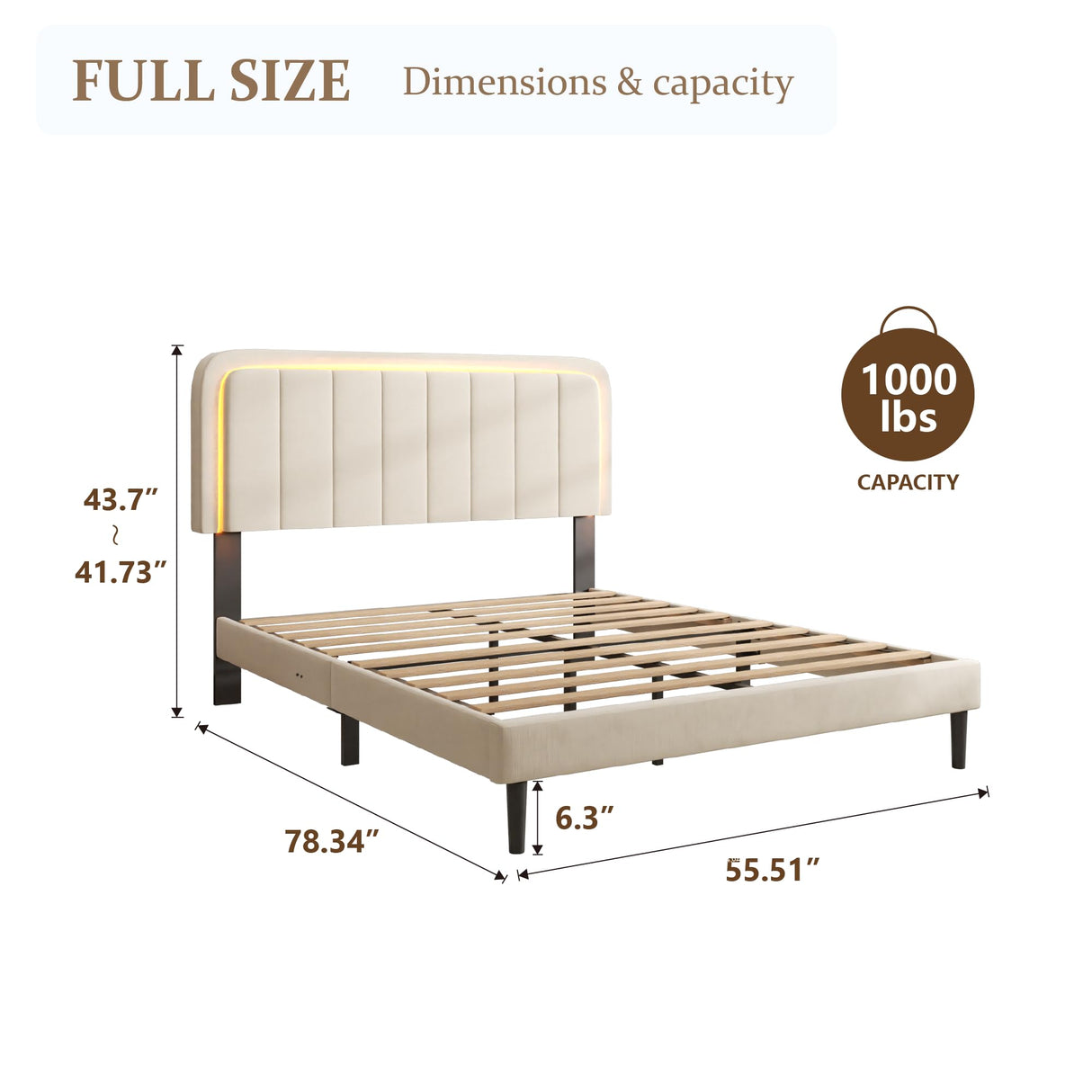 CXVX Adjustable Velvet Platform Full Size Bed with LED Lights, Charging Station & Wooden Slats, Upholstered Bed Frame with Headboard, Noise-Free Mattress Foundation, No Box Spring Required CXVX