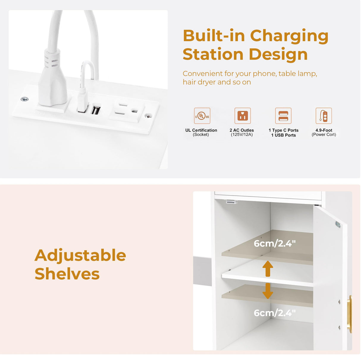 ANWBROAD Makeup Vanity Desk Vanity Set with 10 LED Bulb Lighted Sliding Mirror Makeup Vanity Table with Charging Station Nightstand 3 Colors Modes Dimming Cushioned Stool Dressing Table White UBDT54W ANWBROAD