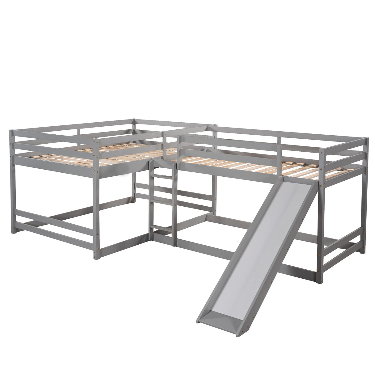 Merax Full and Twin Size L-Shaped Bunk Bed with Slide and Short Ladder,Gray Merax