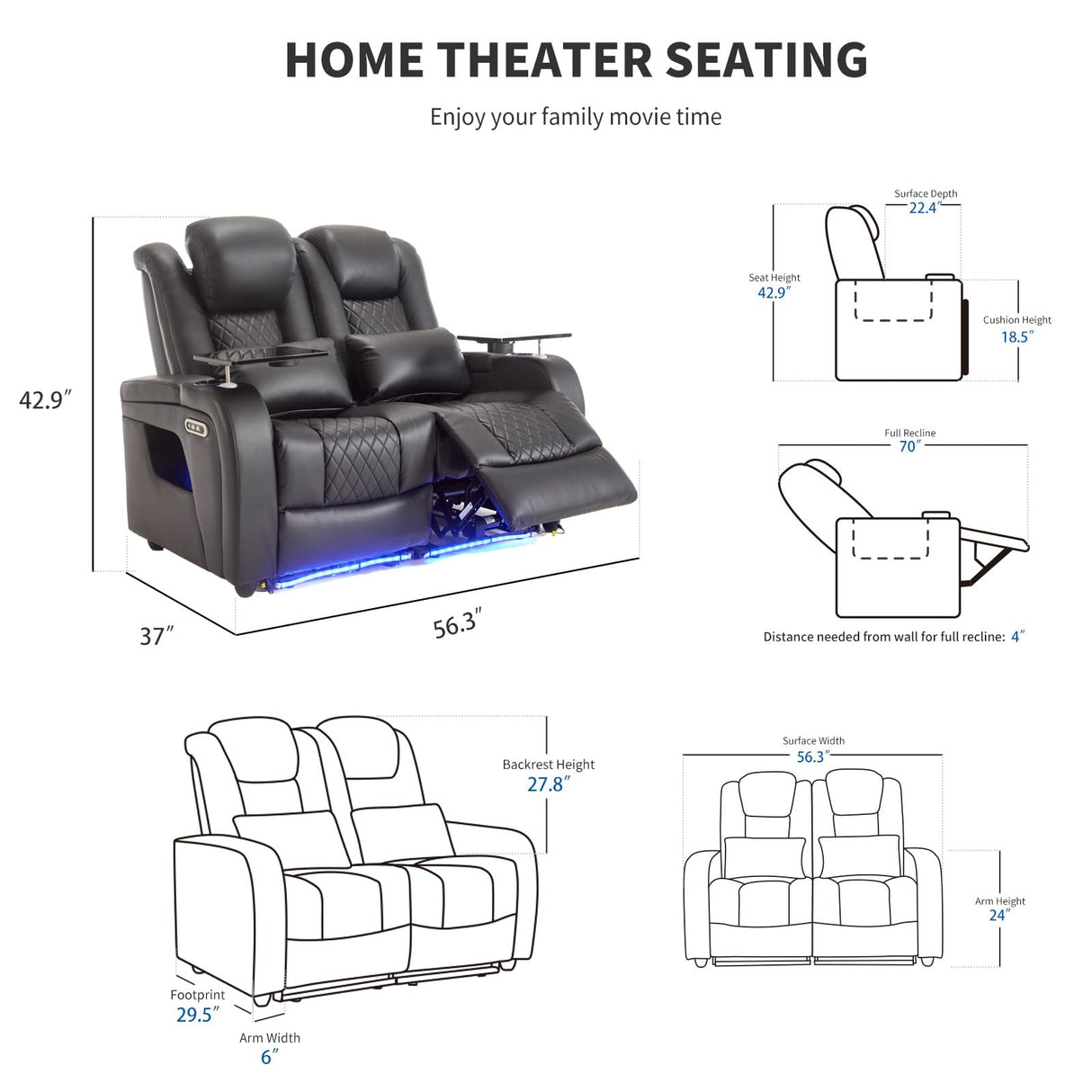 Home Theater Seating LoveSeat with Lighting Armrest, Game Movie Theater Chairs Theater Recliner Sofa with 7 Colors Ambient Lighting, Lumbar Pillow, Side Pocket, Tray Table, Power Recline, Black Airadlis