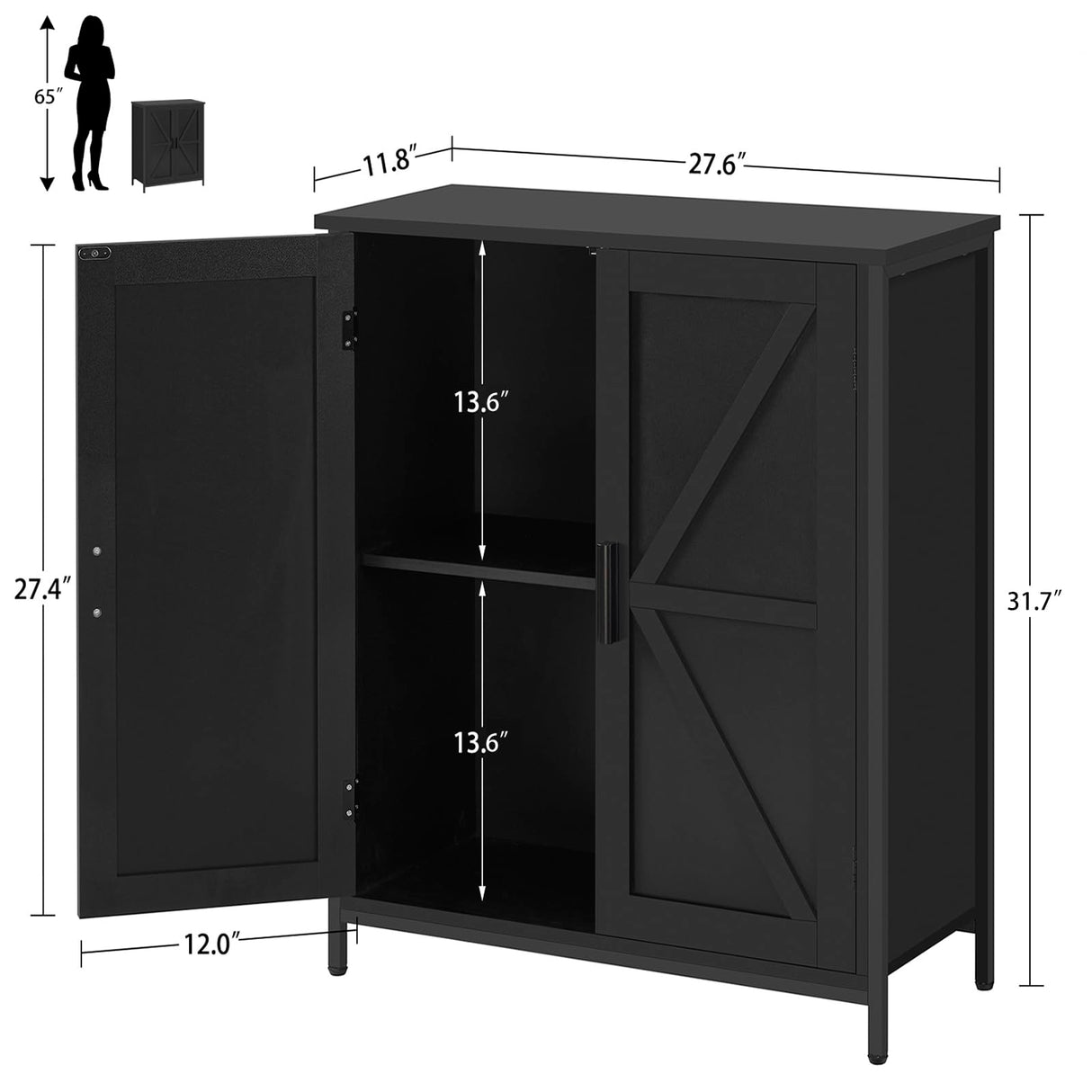 FIONESO Storage Cabinet, Small Cabinet with Barn Doors, Farmhouse Cabinet with Shelf, Black Cabinet for Living Room, Dining Room, Entryway, Black FIONESO