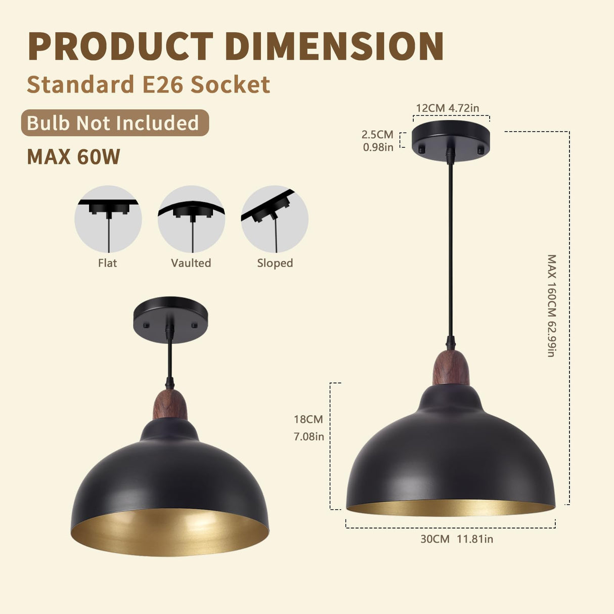 Set of 2 Pcs 11.8" Black Dome Pendant Light, Farmhouse Modern Black and Wood Hanging Pendant Lights Kitchen Island, Vintage Pendant Light Large Dome Chandelier for Kitchen Island, Dining Room Ziqqeelam