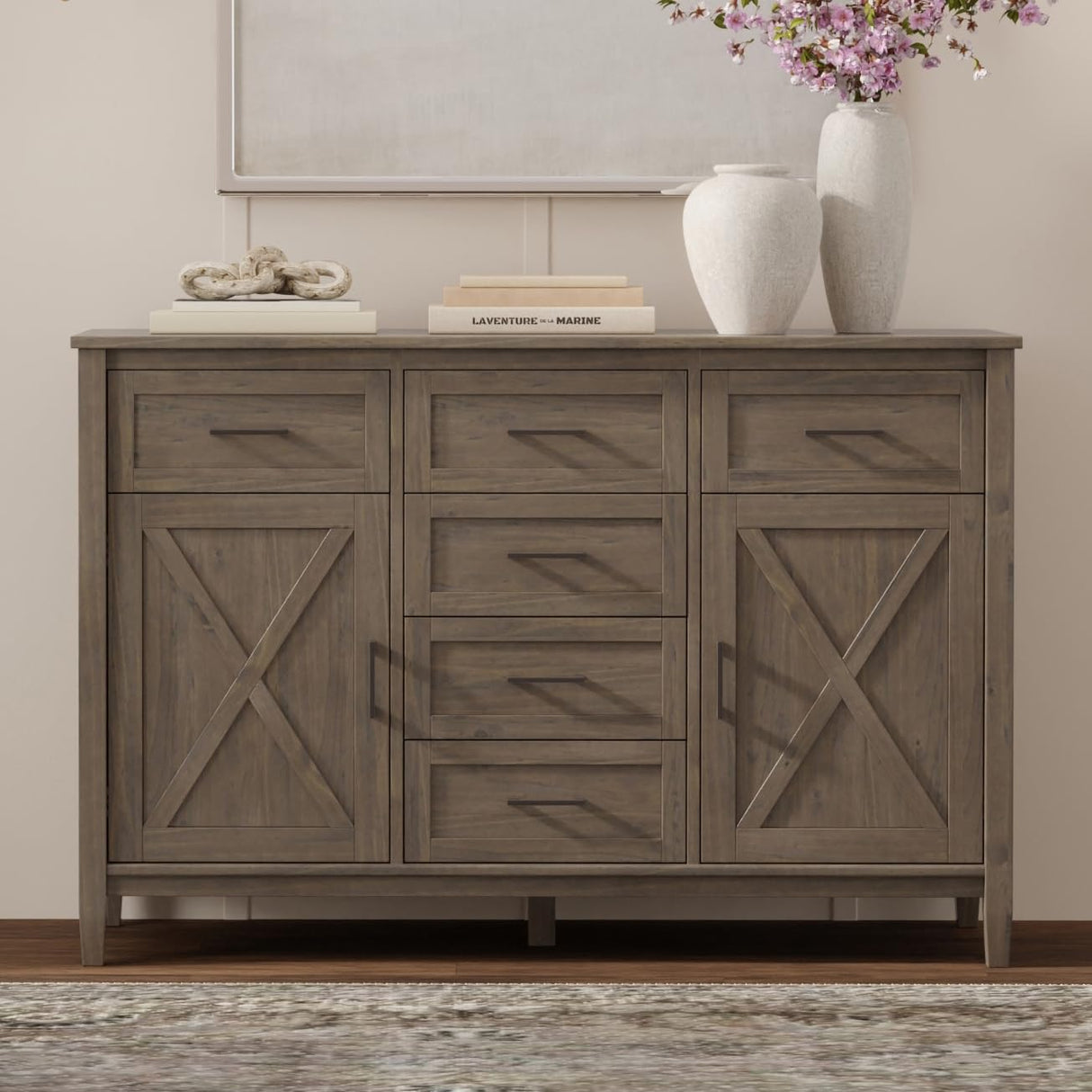 SIMPLIHOME Ela Buffet - 54 inch Wide Solid Wood 3-Door Sideboard Buffet in Smoky Brown, Transitional Storage Cabinet for Dining Room or Kitchen with Adjustable Shelves and Brushed Metal Hardware SIMPLIHOME