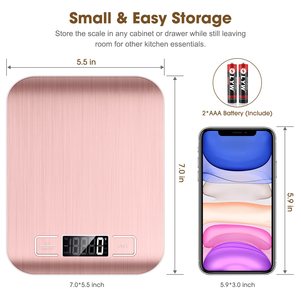 Mik-Nana Food Scale Pink, 10kg/22lb Digital Kitchen Scale Weight Grams and Oz for Baking and Cooking, 1g/0.1oz Precise Graduation, Easy Clean Stainless Steel Mik-Nana