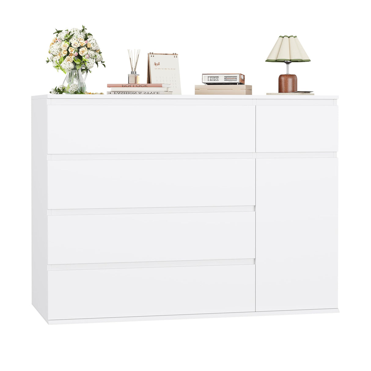 FOTOSOK White Dresser with 19.5'' Deeper Depth, White Chest of Drawers Modern Dresser for TV Stand, Nursery Dresser Wide Storage Chests of Drawer with Door, Deep Drawers and Wide Storage Space FOTOSOK