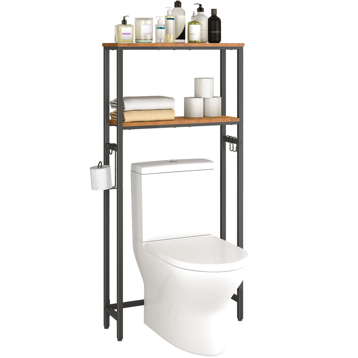 HOOBRO Over The Toilet Storage, 2-Tier Over Toilet Bathroom Organizer Shelf, with Toilet Paper Holder and Hooks, Sturdy, for Bathroom, Toilet, Rustic Brown and Black BF49TS01 HOOBRO