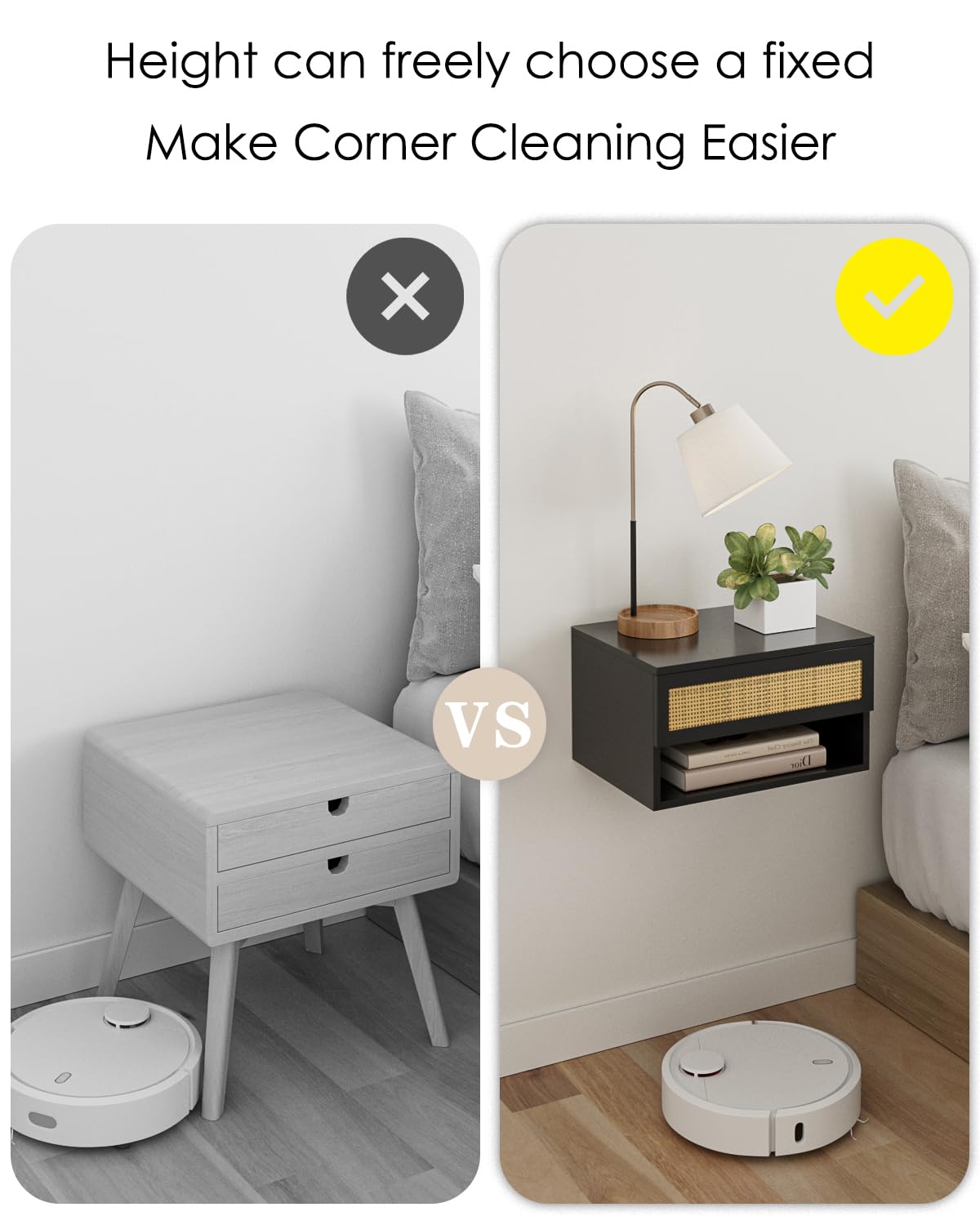 Aienvey Floating Nightstand, Small Modern Floating Nightstand with Drawer, Floating Shelves for Bedroom, Bathroom, Black Rattan Aienvey