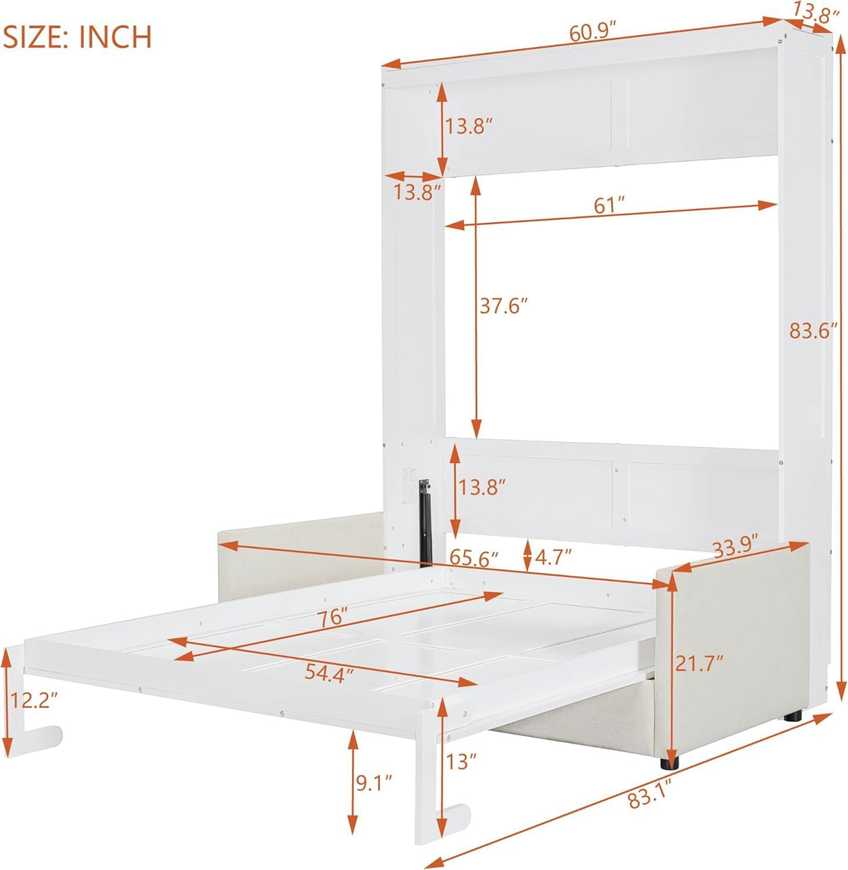 Virubi Full Murphy Bed with Couch,Wood Folding Murphy Wall Bed Cabinet with Sofa (White,Full) Virubi