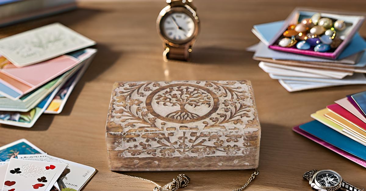 Great Birthday Gifts Handmade Decorative Wooden Jewelry Box Tree Of Life Carving Jewelry Organizer Keepsake Box Treasure Chest Trinket Holder Watch Box Storage Lock Box Housewarming Gifts The Great Indian Bazaar