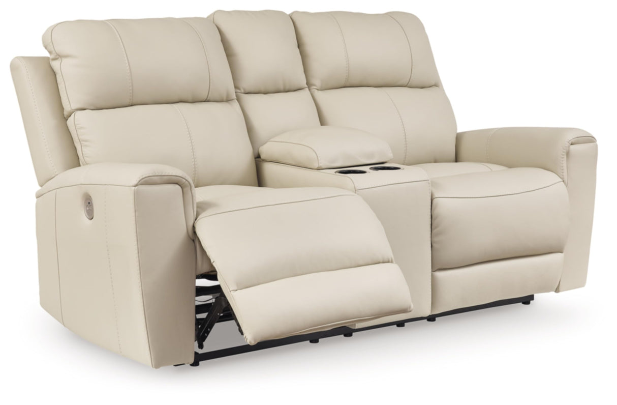 Signature Design by Ashley Dahlmoore Contemporary Leather Match Power Reclining Loveseat with Console and USB Ports, Beige Signature Design by Ashley
