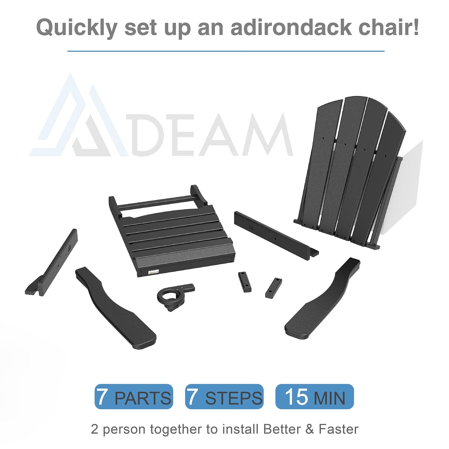 Mdeam Folding Adirondack Chairs Set of 4 Adjustable Backrest with Cup Holder, Fire Pit Chairs,HDPE All Weather for Patio Lawn Outdoor, Black