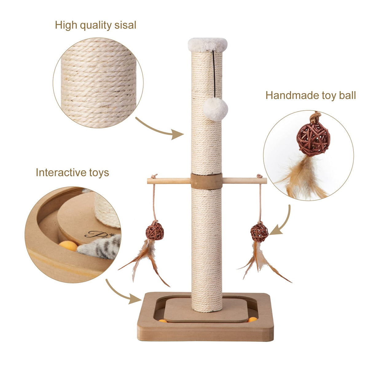PEEKAB Cat Scratching Post Premium Sisal Scratch Posts with Tracking Interactive Toys Vertical Scratcher for Indoor Cats and Kittens- 25 inches Beige PEEKAB