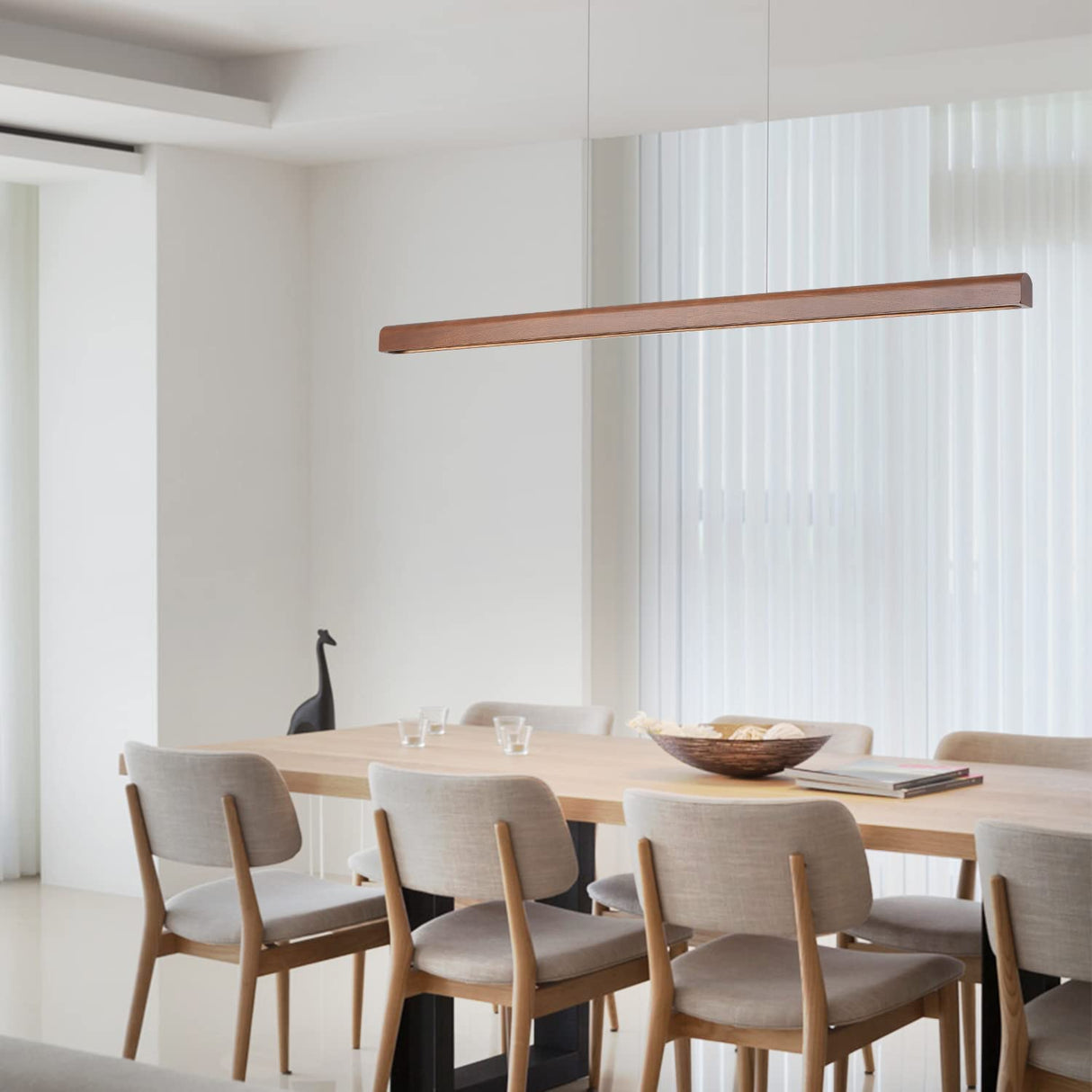 47.2" Wood Linear Pendant Light 34W Led Dimmable Dining Pendant Light Wood Kitchen Island Lights Ceiling Pendant Hanging Light for Dining Room Office studing Walnut Color(Ash Wood) YISDESIGN