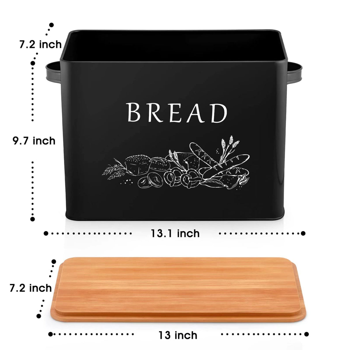 TeamFar Bread Box with Wooden Lid, 13.1” x 7.2” x 9.7” Metal Bread Container Storage Holder for Family Farmhouse Kitchen Countertop, Powder-Coated & Healthy, Large Capacity & Classic Pattern (Black) TeamFar